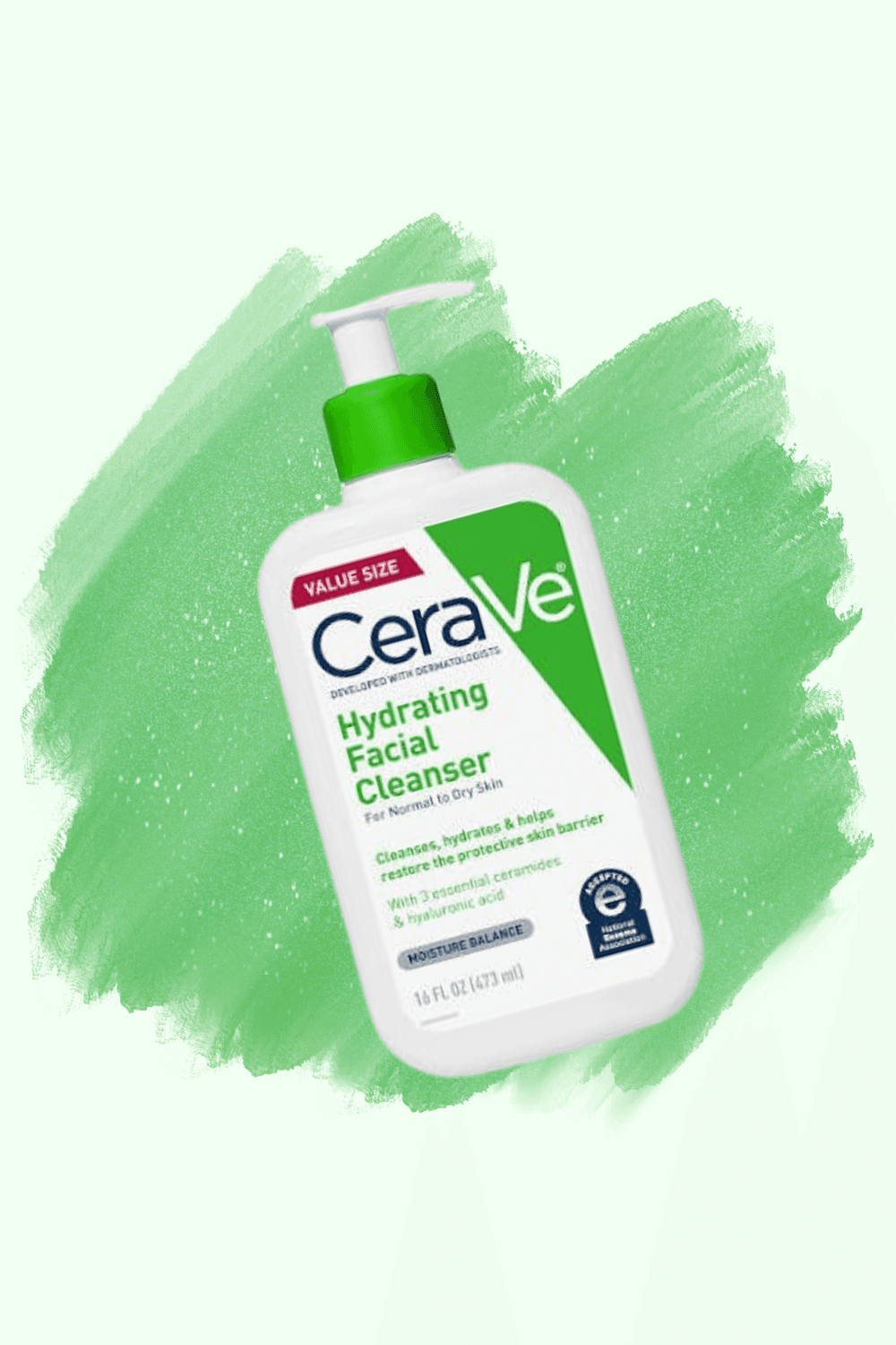 A CeraVe Hydrating Facial Cleanser pump bottle on a green brushstroke background