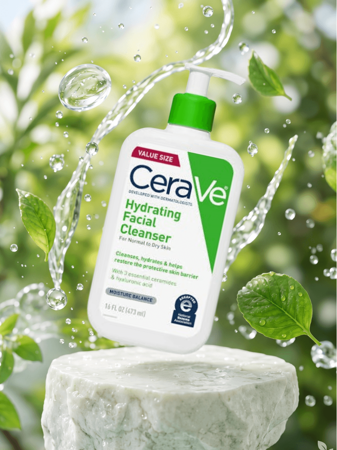 AI-generated image: a CeraVe Hydrating Facial Cleanser bottle on a stone plinth among leaves and splashing water