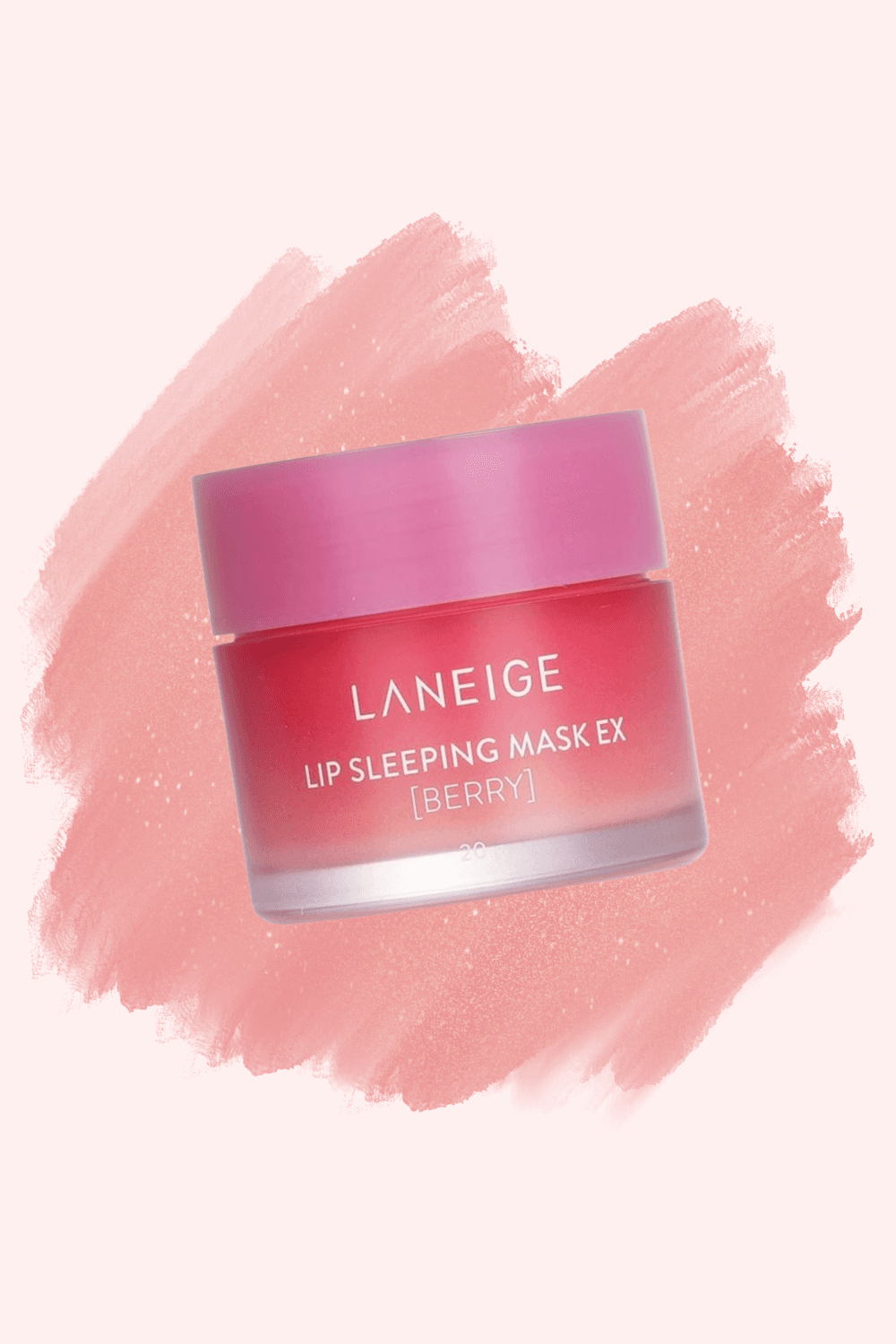 A LANEIGE Lip Sleeping Mask jar in Berry on a pink brushstroke background