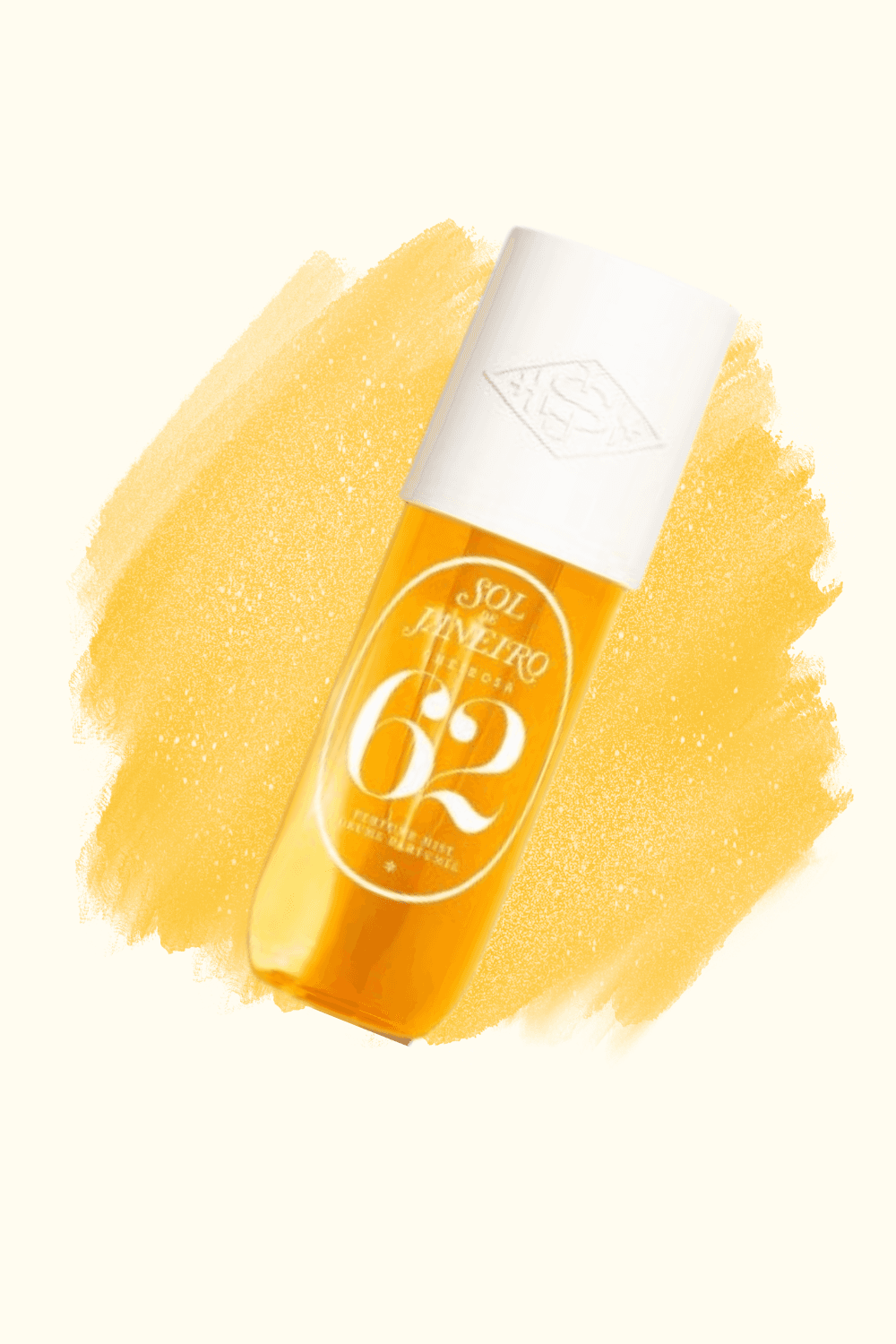 A Sol de Janeiro Cheirosa 62 perfume mist bottle on a yellow brushstroke background